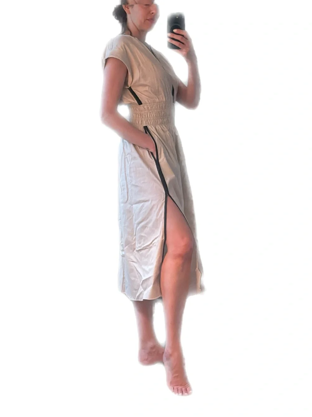 Beige/Cream Smocked Waist Midi Dress with Contrast Trim - Picture 9 of 9